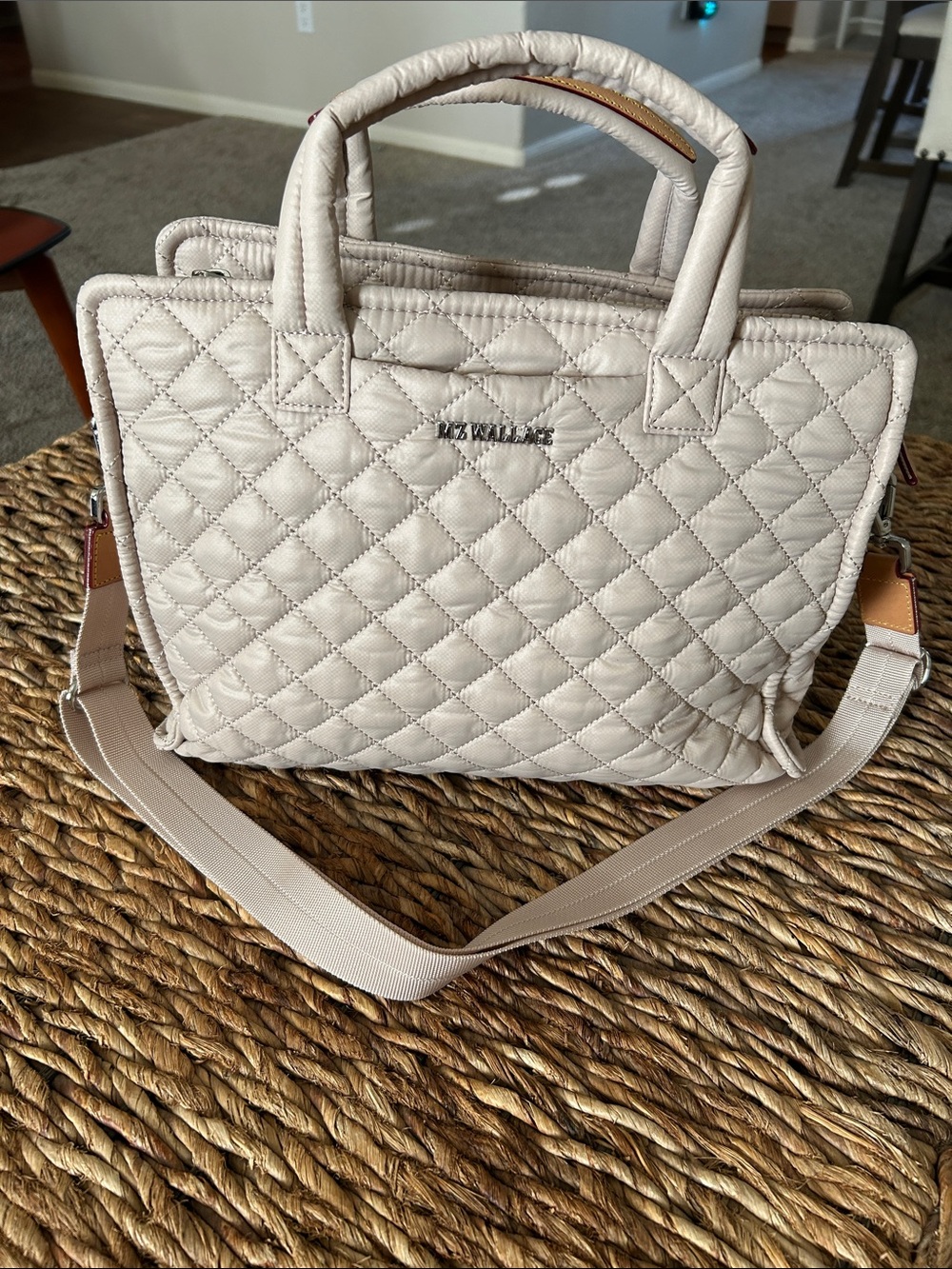 MZ Wallace Quilted Cream/Mushroom Box Tote with Detachable Strap